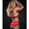 Laced Bra, Garter Skirt, Thong & Stockings Red O/S