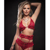 Lace Halter Bra, Lace Up Panties w/Built in Garter Belt & Stockings Red O/S