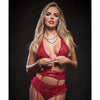 Lace Halter Bra, Lace Up Panties w/Built in Garter Belt & Stockings Red O/S