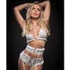 Lace Halter Bra, Lace Up Panties w/Built in Garter Belt & Stockings White O/S