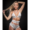 Lace Halter Bra, Lace Up Panties w/Built in Garter Belt & Stockings White O/S