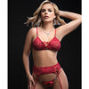 Lace Up Bra w/Heart Detail, Garter Belt & Thong Red O/S