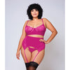 Soft Lace Bra, High Waist Satin & Mesh Garterbelt & G-String Fuchsia 2X