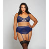 Geometric Lace w/Matte Microfiber Bra, Garter Belt & G-String Navy/Beige 2X