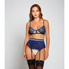 Geometric Lace w/Matte Microfiber Bra, Garter Belt & G-String Navy/Beige MD
