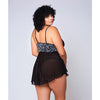 Galloon Lace, Micro Fiber & Fine Mesh Soft Cup Babydoll w/G-String Navy/Black 1X