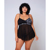 Galloon Lace, Micro Fiber & Fine Mesh Soft Cup Babydoll w/G-String Navy/Black 3X