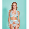 Mercedes Dross Dyed Galloon Lace Strappy Halter Bra, Garter Skirt & G-String Light Blue SM