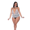 Dress Up Full Service Lace Deep V Teddy w/Collar & Wrist Cuffs Black/White QN