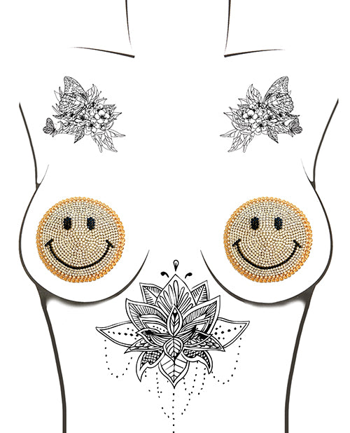 Neva Nude Burlesque Smile Face Jewel Reusable Silicone Nipztix - Gold O/S