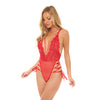 Sloane Soft Cup Deep Plunge Teddy w/Side Lace Up Ribbon Detail Red L/XL