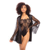 Elishia Satin Robe w/Wide Eyelash Sleeves & Lace Teddy - Black