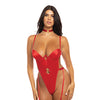 Mila Stretch Satin Padded Cup Teddy w/Heart Ring Detail Red XL