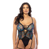 Lola Unlined Underwire Embroidered Teddy w/Attached Garter Stays - Black 1X