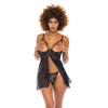 Kira Embroidered Open Cup Flyaway Babydoll & G-String - Black