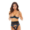 Embroidered Lace Open Cup Bra, Garter Belt & G-String Black/Blue LG