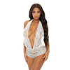 Sheer Lace Deep V Halter Bodysuit w/Open Crotch White MD