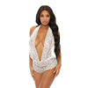 Sheer Lace Deep V Halter Bodysuit w/Open Crotch White XL