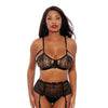 Two Tone Scalloped Lace Bra, High Waist Garter Belt & G-String Black/Silver MD