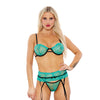 Sheer Lace Underwire Bra, Garter Belt & Panty Green MD