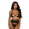 Eyelash Lace Bra, High Waist Garter Belt & G-String Black XL