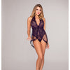 Lace & Sheer Skirted Teddy Eggplant O/S