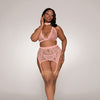 Fishnet & Lace Halter Bralette, Garter Belt, G-String & Choker Rose Pink QN