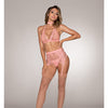 Fishnet & Lace Halter Bralette, Garter Belt, G-String & Choker Rose Pink O/S