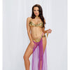 3 pc Halter Bra w/Coin Trim, Thong w/Attached Mesh Skirt & Neck Collar w/Chain Leash Gold O/S
