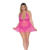 Simply Sexy Scalloped Stretch Lace & Mesh Halter T-Back Babydoll Paradise Pink QN
