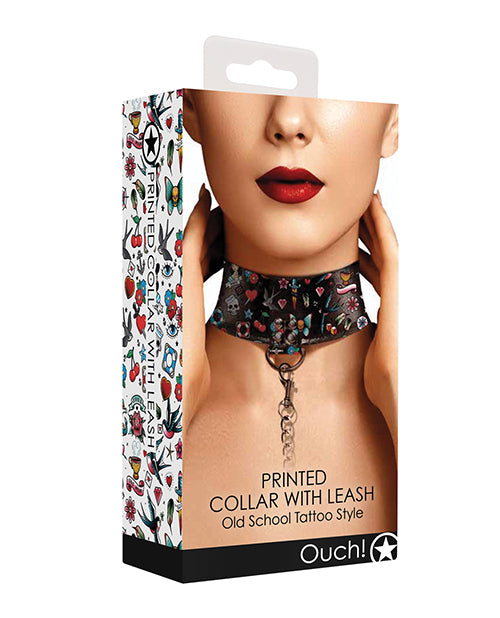 Shots Ouch Old School Tattoo Style Printed Collar w/Leash- Black