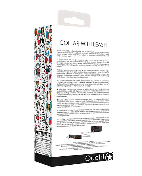Shots Ouch Old School Tattoo Style Printed Collar w/Leash- Black