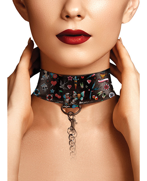 Shots Ouch Old School Tattoo Style Printed Collar w/Leash- Black