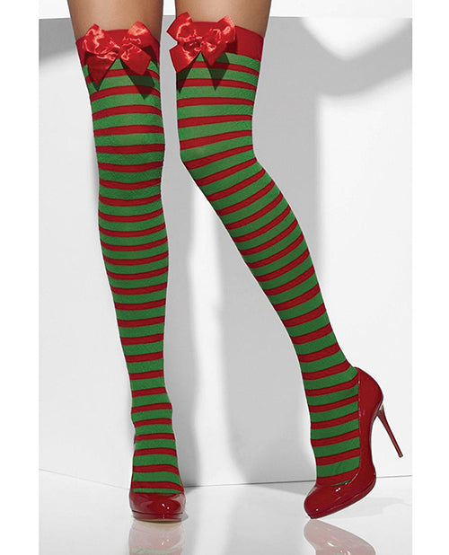 Smiffy Holiday Opaque Striped Thigh Highs w/Bows Red/Green O/S