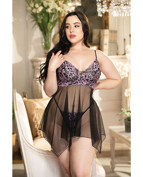 Valentines Sheer & Floral Applique Babydoll - Black/Pink