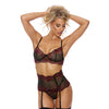 Two Tone Stretch Floral Lace Bra, Garter Belt & G-String Black/Red XL