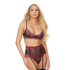 Motif Lace Bra, Garter Belt & G-String Hot Pink/Black XXL