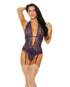 Lace Halter Gartered Teddy Deep Purple XL