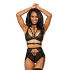 Stretch Lace w/Satin Elastic Bra, Garter Belt & G-String Panty Black LG