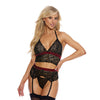 =Stretch Lace & Velvet Bra, Garterbelt & G-String Black/Burgundy MD