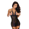 Lace & Mesh Peek a Boo Chemise w/Garter Black/Purple XL