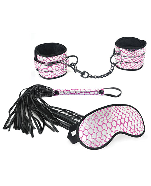 Spartacus Faux Leather Wrist Restraints Blindfold & Flogger Bondage Kit - Assorted Colors
