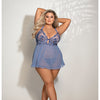 Embroidered Mesh Underwire Babydoll & G-String Blue 1X/2X