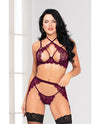 Floral Lace Underwire Bra, High Waist Garterbelt & G-String Purple O/S