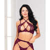 Floral Lace Underwire Bra, High Waist Garterbelt & G-String Purple O/S